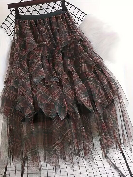 Dresses & Skirts - Coffee Mesh Frilly Plaid Pattern Grunge Skirt